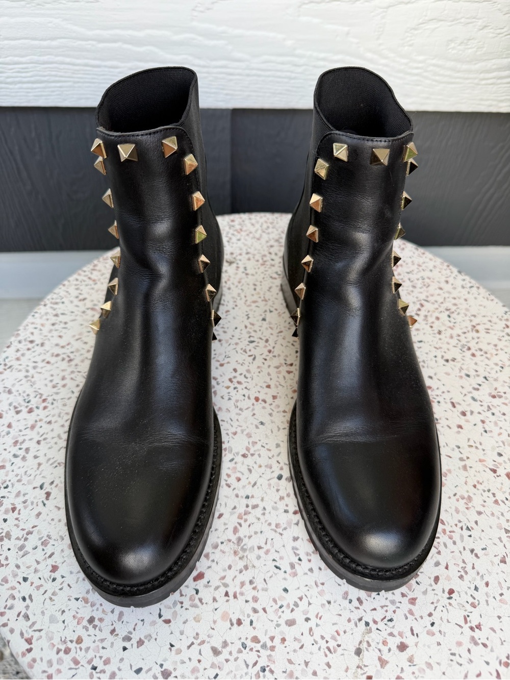 Valentino Black Leather Ankle Boots with Gold Pyramid Studs
